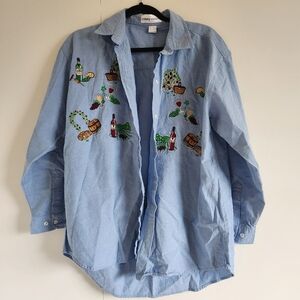 Casey Coleman Embroidered Wine Grapes Button Down Shirt Blue Cotton